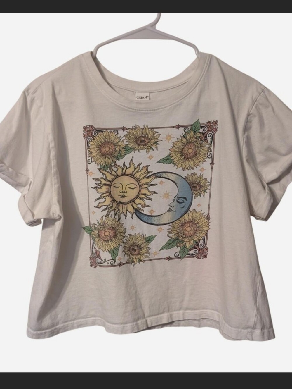 Sun Moon & Flowers Tarot Style 100% Cotton Cropped White T-shirt, Size XL